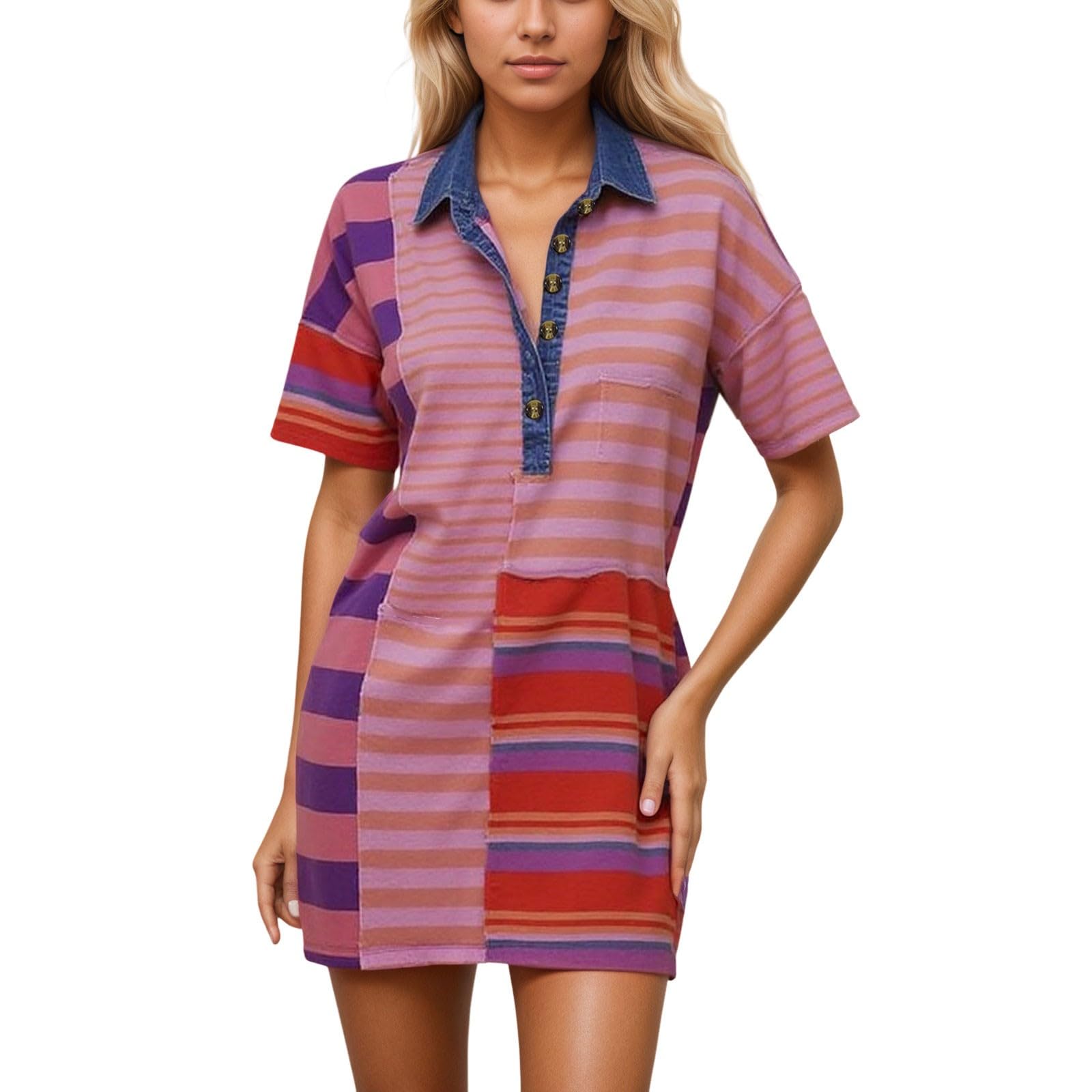 Vestido de verano a rayas de contraste para mujer, mini camiseta con cuello en V y manga corta