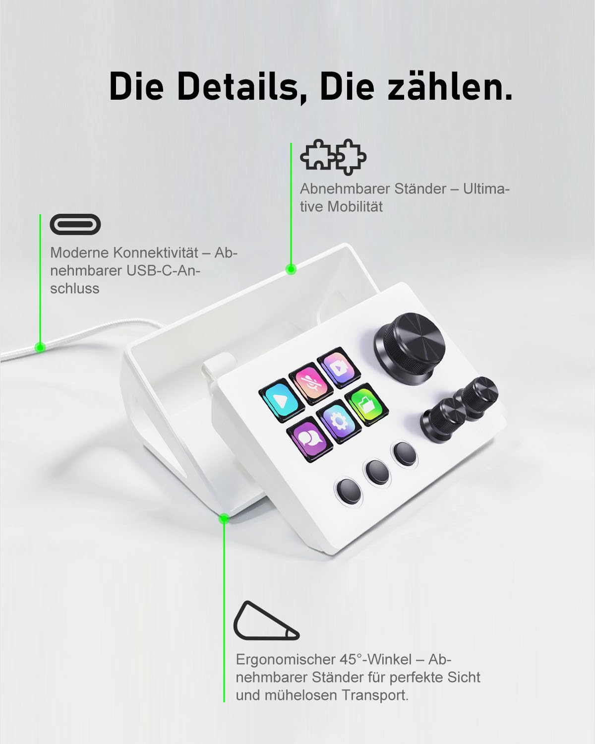 Basicolor N3 Tastiera Macro: 6 Tasti LCD Shortcut, 3 Pulsanti & 3 Manopole – Controller Streaming Programmabile per Streaming (YouTube, OBS, Twitch), Produttività (Office) & Gaming (Mac/PC) - Bianco