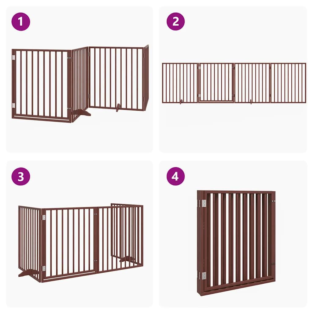 Barrera para perros con puerta plegable, 4 paneles, madera de álamo marrón, 320 cm, independiente, plegable, protección para perros, cachorros, interior y exterior, seguro y portátil