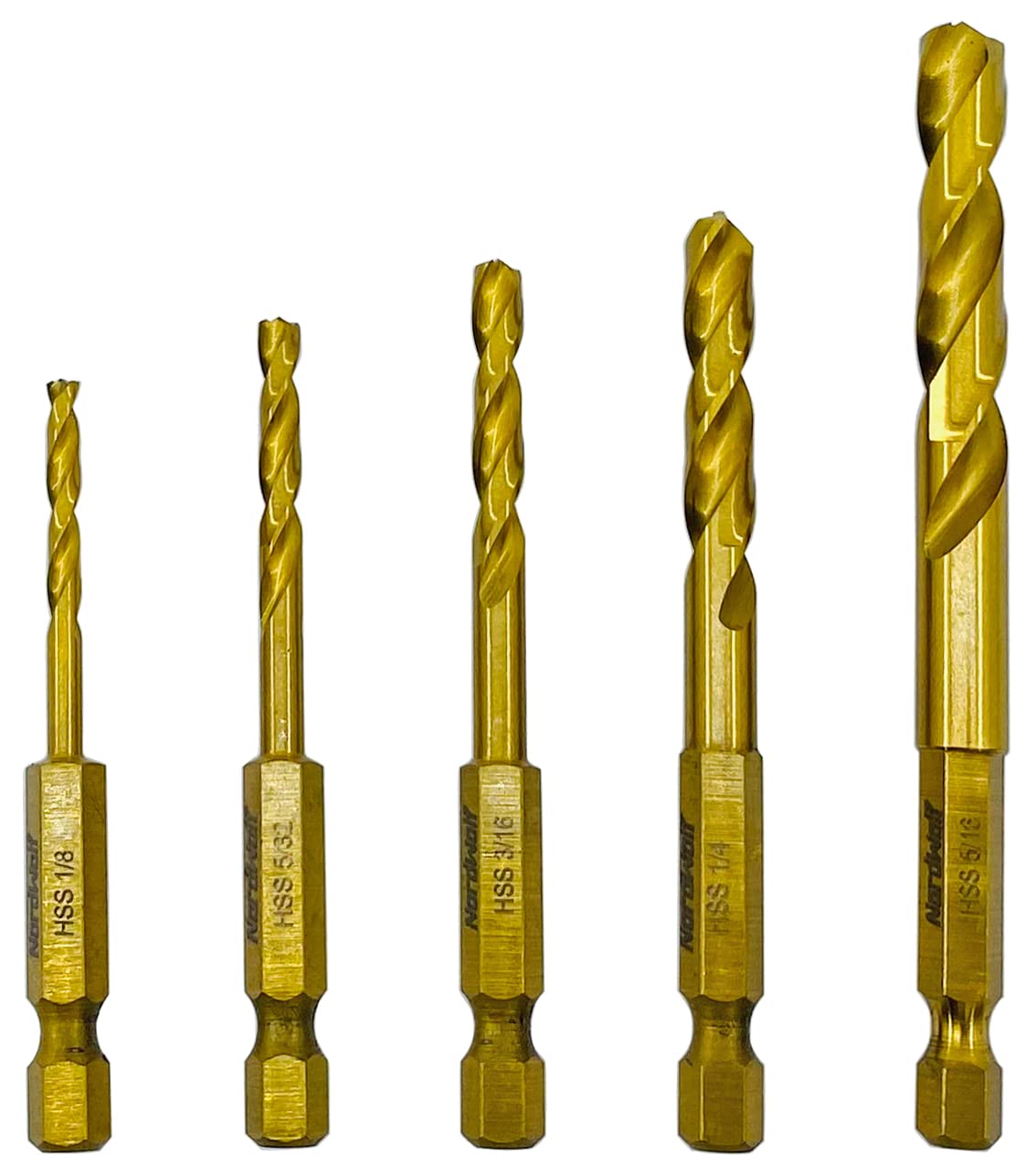 NordWolf 5-Piece HSS M2 Drill Bit Set, Titanium Nitride Coating with 1/4" Hex Shank, SAE Sizes 1/8"-5/32"-3/16"-1/4"-5/16" in Storage Case