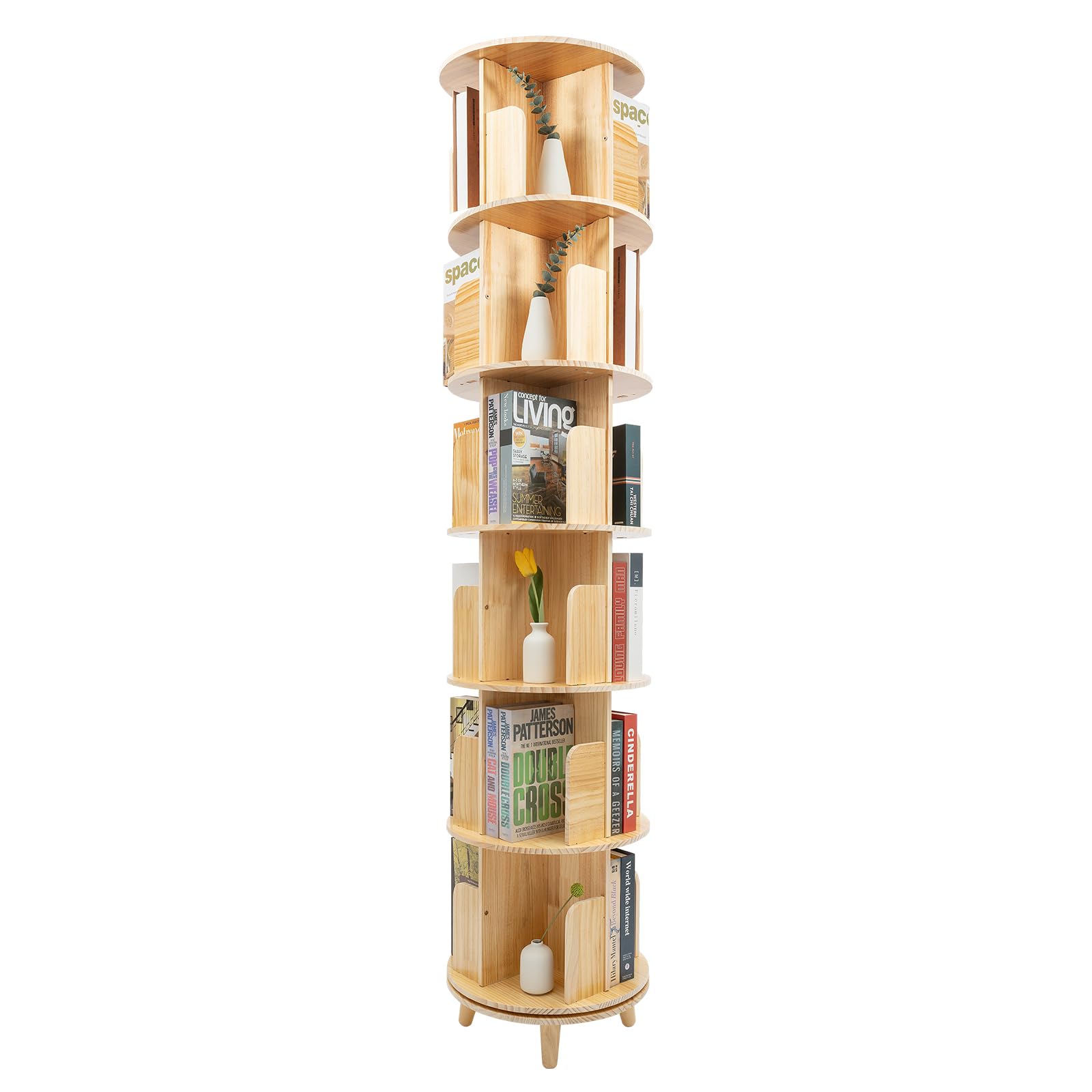 TkkMivcOC Estantería de madera giratoria de 6 niveles, estantería de pie para libros de pie giratoria, estantería multifuncional de 360°, estantería de almacenamiento para niños y adultos, estantería