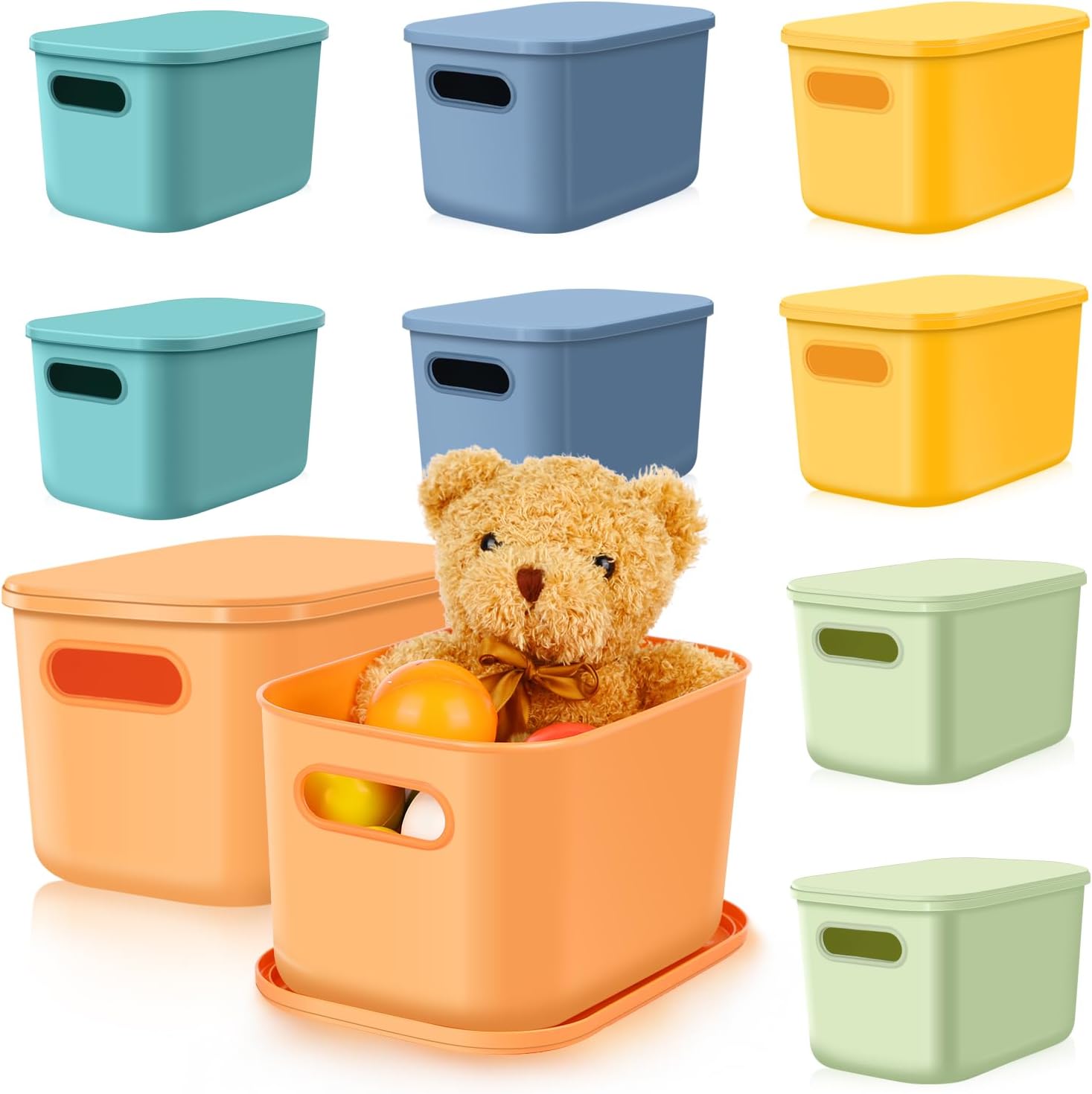 DI QIU REN 10 PCS Colorful Plastic Storage Bins with Lid and Handle, Stackable Solid Color Organizing Bins for Shelf, Smooth Classroom Book Bins for Books Toys Office Supplies Spices Cosmetics Clothes