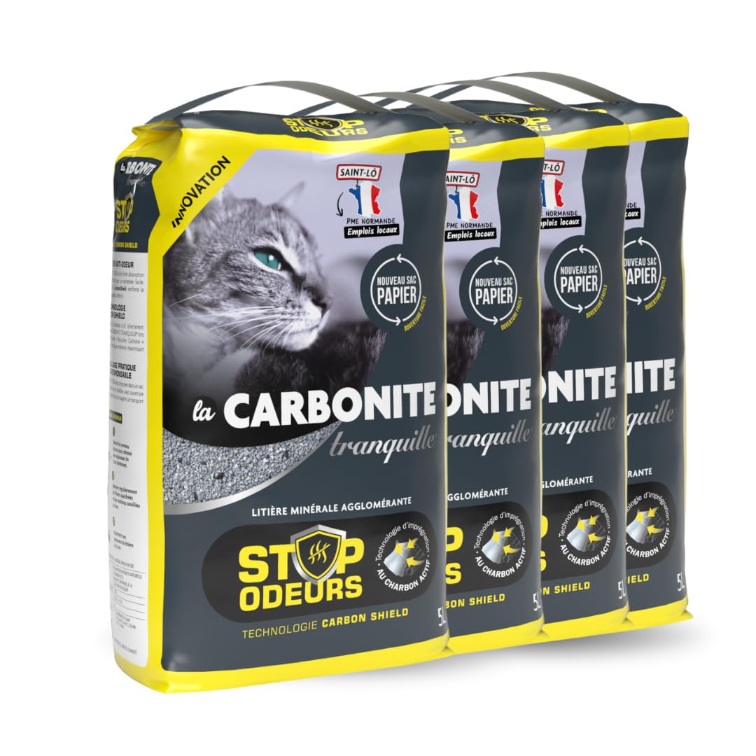 Tranquille - Litière pour Chat - Carbonite Stop Odeurs (4x5L) | Litière Agglomérante Charbon Actif Carbon Shield | Ultra Absorbante, Agglomérante & Anti-Poussière | Contrôle Odeurs