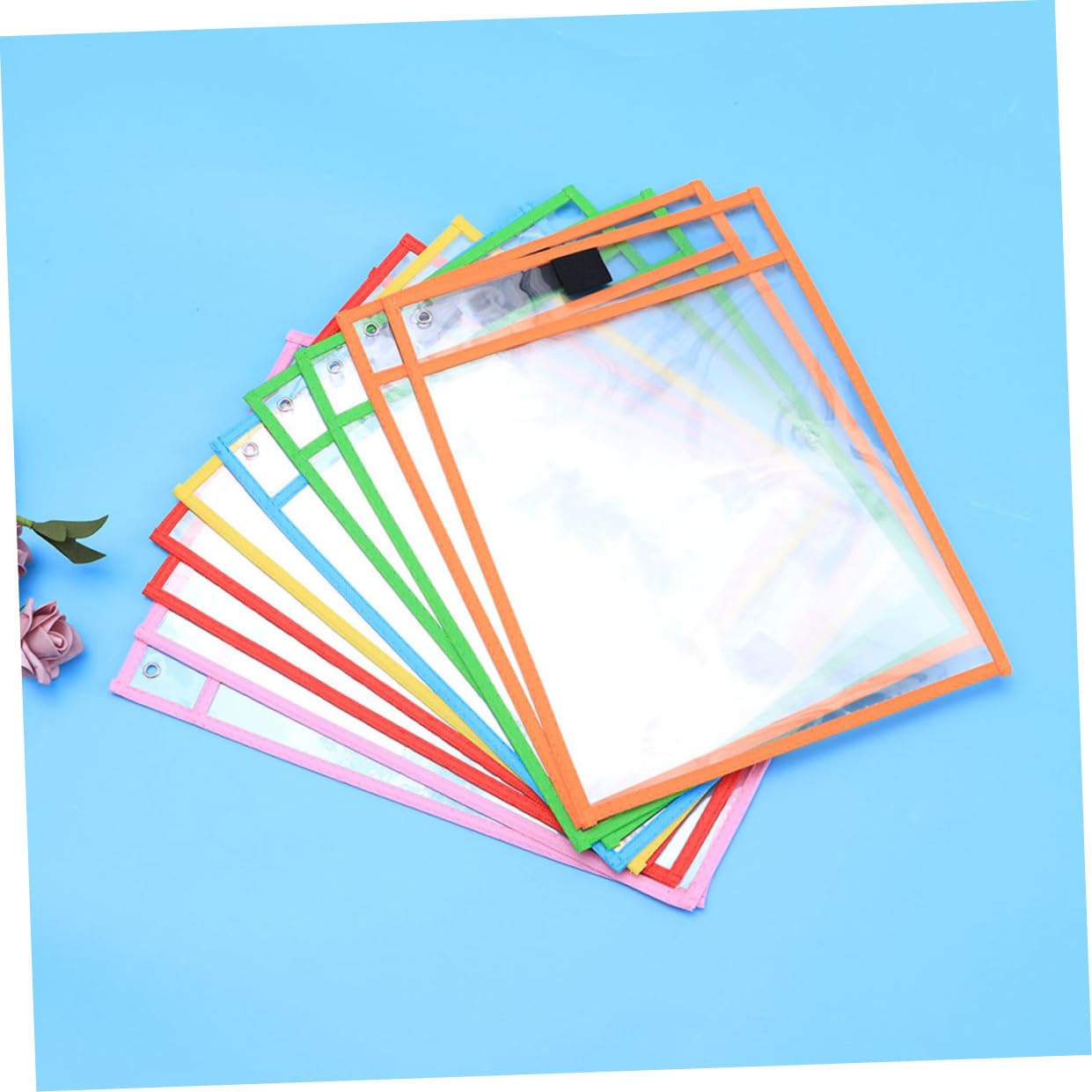 TEHAUX 24pezzi Riutilizzabili Cancellabili Secco Trasparenti su Entrambi i Lati in Pvc con Portapenne e Occhiello Angolare in Metallo Articoli di Cancelleria per Ufficio e Colore Casuale