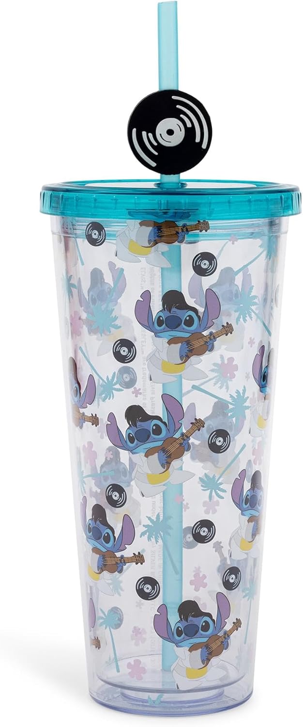 Silver Buffalo Disney Lilo and Stitch Rock Star Elvis Costume Plastic Cold Cup with Lid and Straw Topper, 24 Ounces