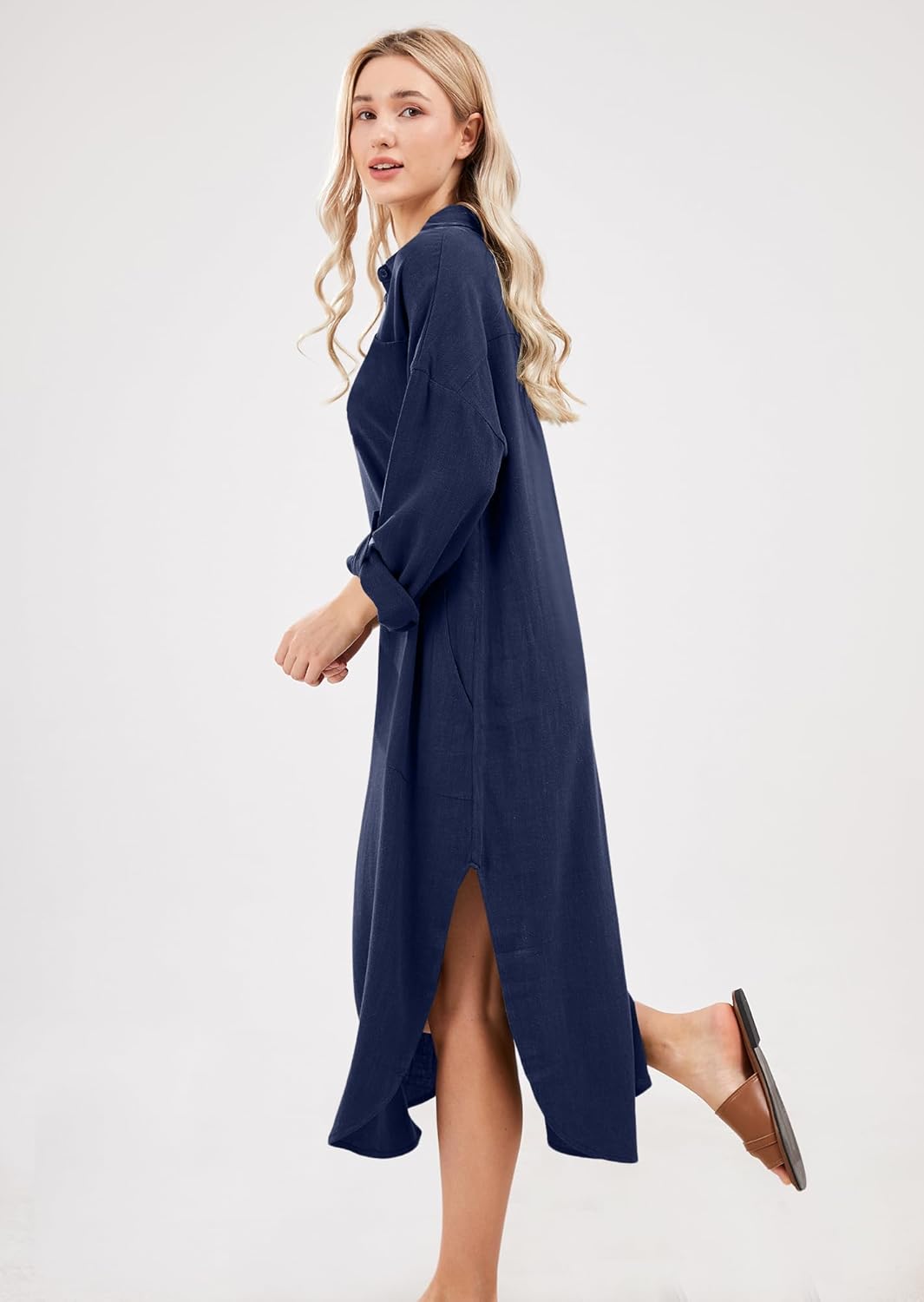 utcoco Womens Casual Loose Cotton Linen Long Shirt Dress Lapel Button Cuffed Sleeve Side Split Dresses with Pockets - Image 5