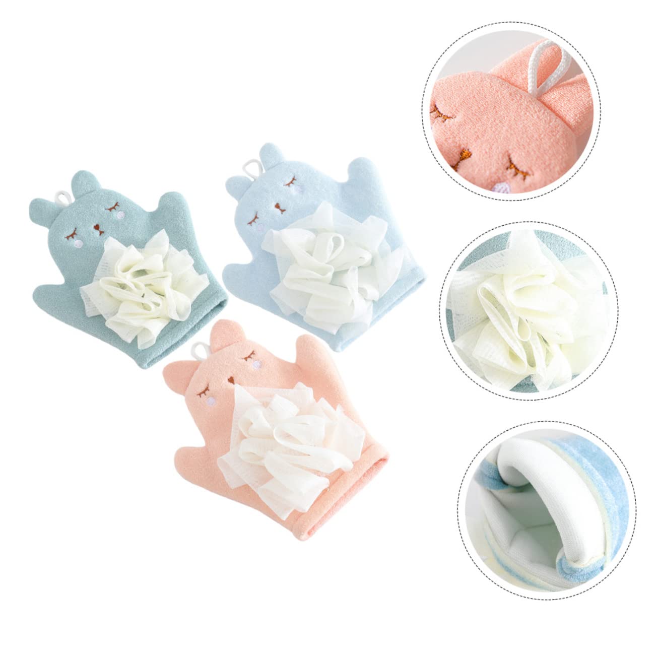 Guanto da Bagno Esfoliante Bunny 3 Pezzi in Fine Fiber Pe | Doppia Faccia, Polsini Elastici, Texture Morbida e Delicata, Facile da Pulire