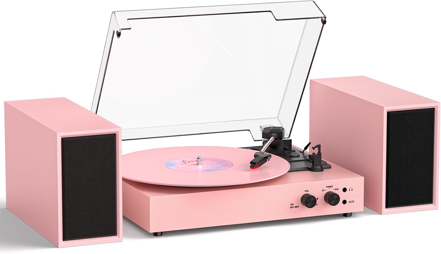 Record Player Bluetooth Turntable with Dual External Speakers | 3-Speed Vinyl Record Player | Vinyl to MP3 PC Recording & RCA/AUX Output | Pink