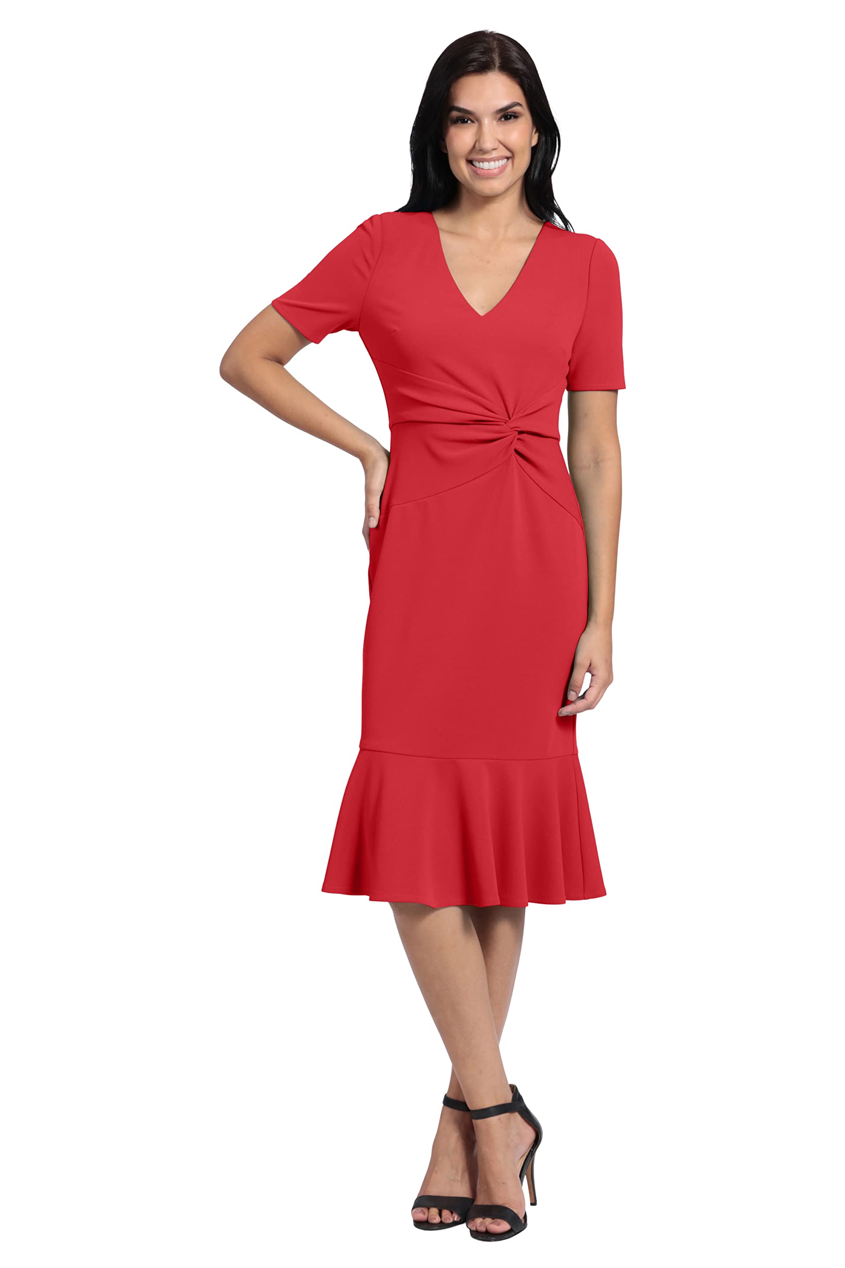 London Times Women's V-Neck Dress - Flounce Hem, Twist Waist, Elegant Office &amp; Event Wear
