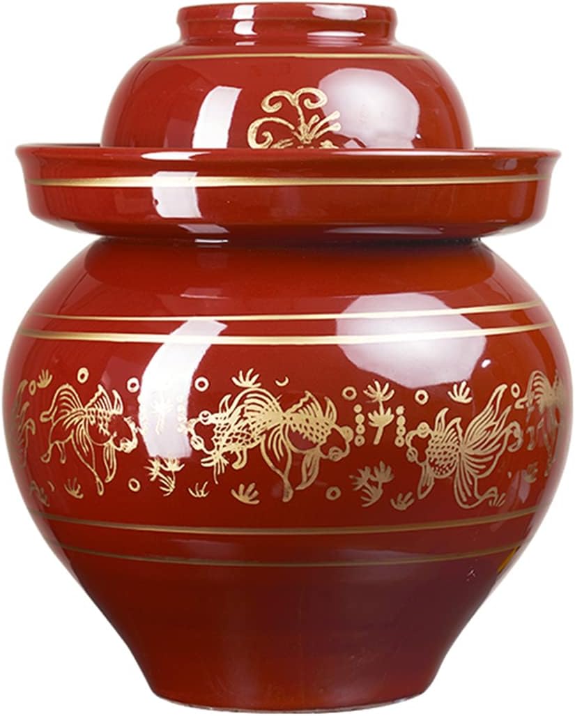 Red Traditional Chinese Porcelain Pickle Jar, Thickened Ceramic Fermentation Crock Pickling Pot,Fermenting Jar with Water Seal Airlock Lid Stoneware Fermenter for Ki 6KG