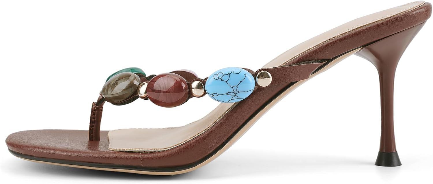 Flip Flop Heels for Women Thong Heels Round Open Toe Jeweled Sandals Summer Heeled Mules Fashion Wedding Party Dress Slip On High Heel Sandals - Image 4