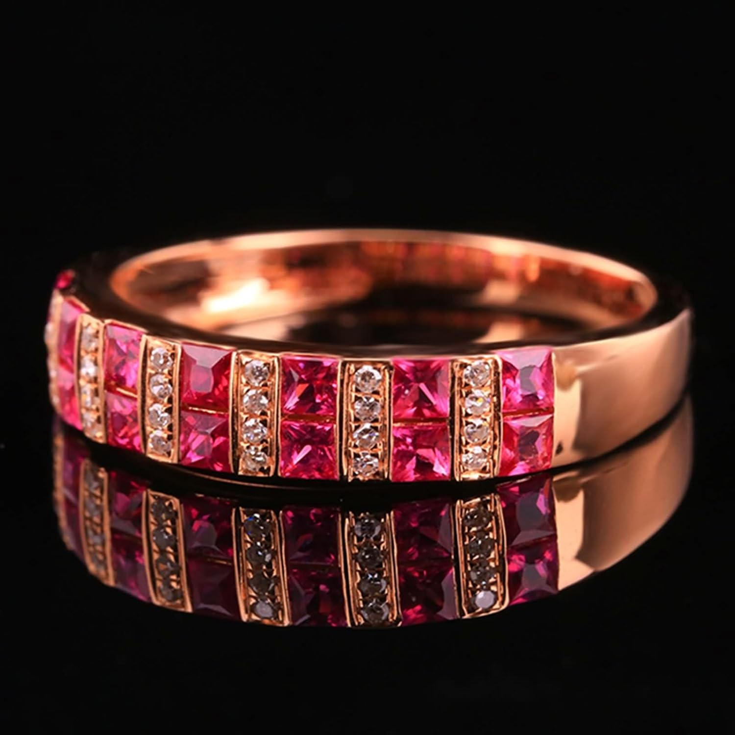 9ct / 14ct / 18ct Rose Gold Rings for Women Wedding Band, Round and Square with 0.784ct Created Ruby and Moissanite, Rings Rose Gold Women