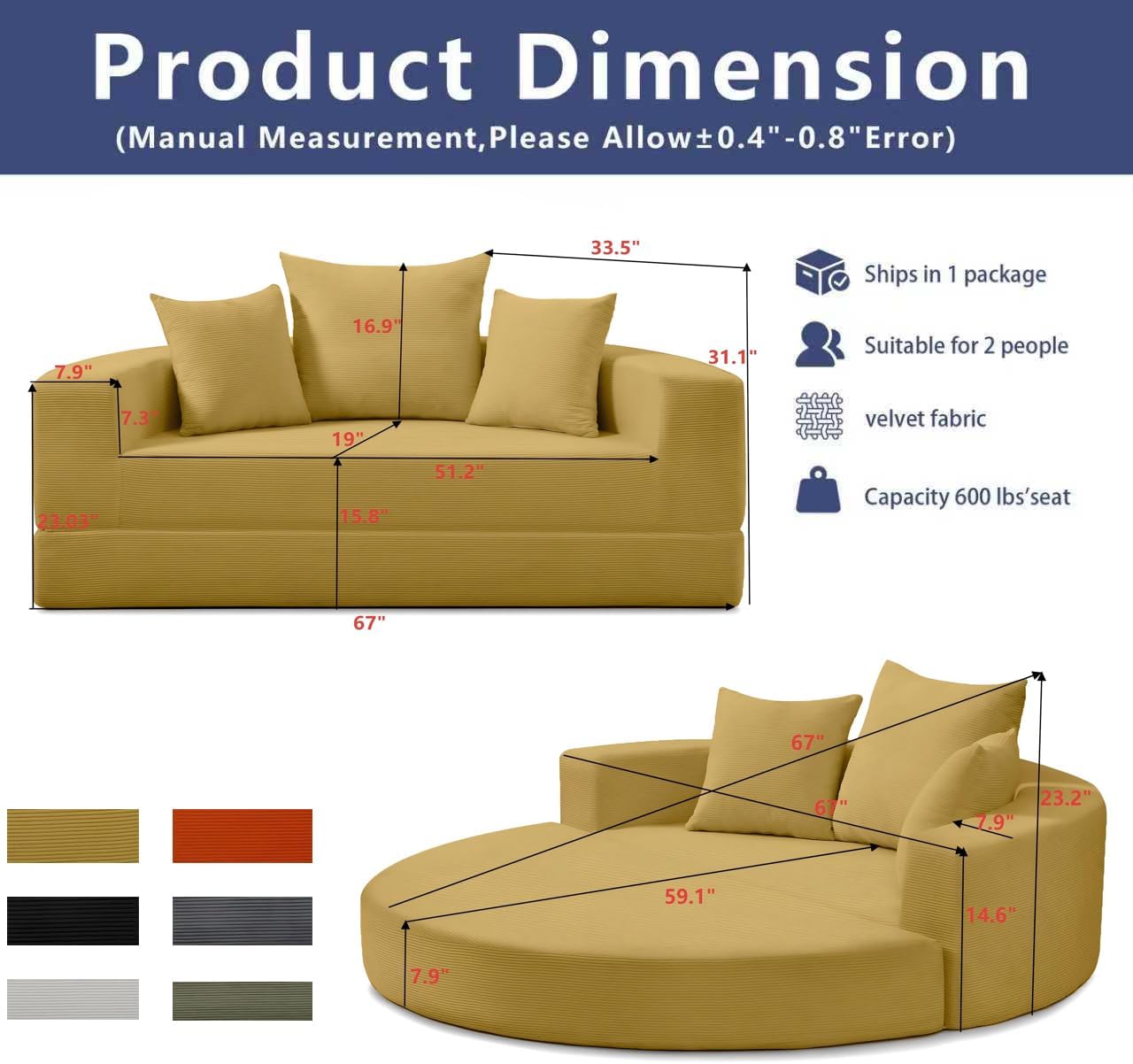 67" Round Convertible Folding Sofa Bed, Boneless Couch Loveseat, Floor Sleeper Chaise Lounge for Living Room, Apartment, Dorm, Small Spaces, Yellow