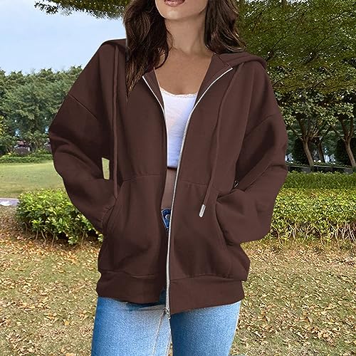 OIOLOYJM Zipper Hoodies for Women Long Sleeve Oversized Sweatshirts Y2k Drawstring Soft Jacket 2025 Fall Fashion with Pockets