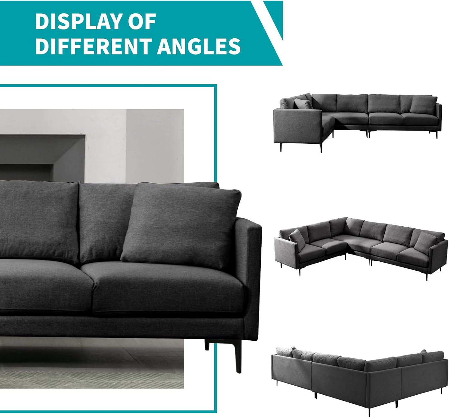 BALUS 5 Seater L Shaped Sectional Sofa for Living Room, 107" W Oversized Corner Sofa Couch Set with 2 Pillows, Upholstered Linen Sofas with Solid Wood Base and Metal Legs, Easy Assembly - Dark Grey