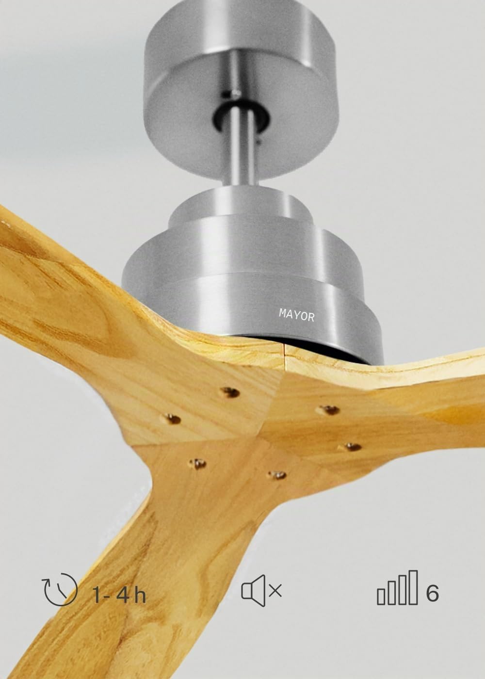 CREATE / WINDSTYLANCE NATURAL WOOD/Ventilador de techo níquel aspas madera natural con mando / 40W, Silencioso, Ø132 cm, 6 velocidades, temporizador, verano-invierno, doble altura