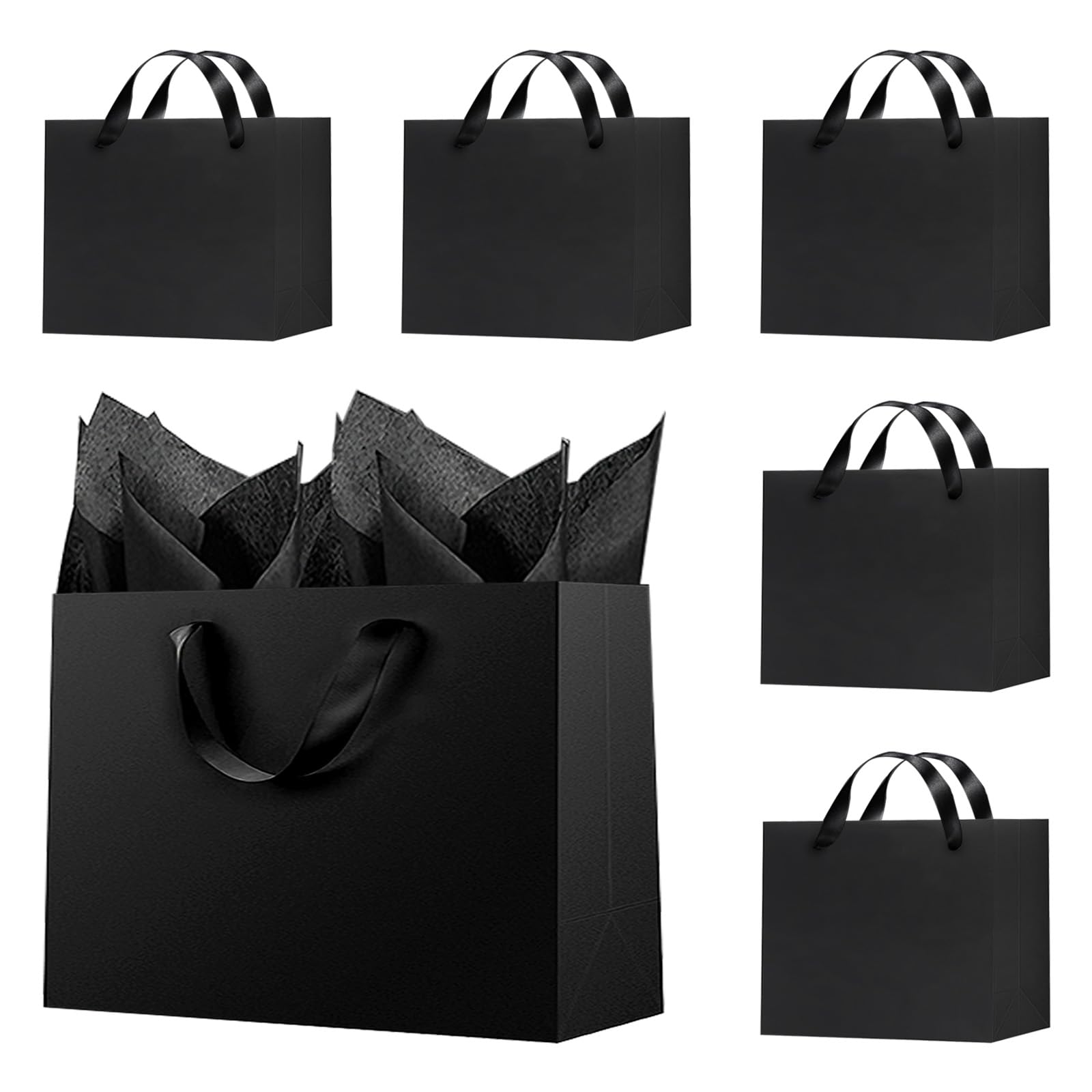 Offizon 6 Pcs Black Gift Bags, 8.7x3.9x7.1inch Paper Bag with Black Tissue Paper for Christmas, Party Favor, Birthdays and Holidays (22x10x18cm) — image 1