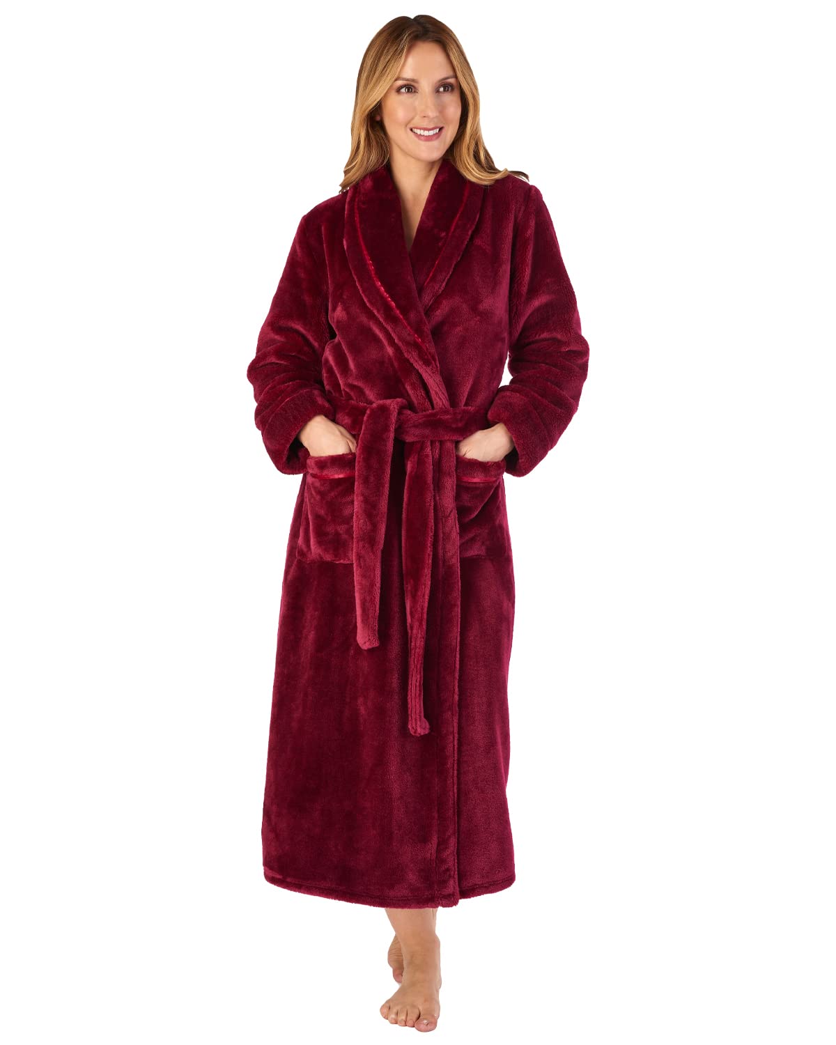 Slenderella Ladies Luxury Shawl Collar Dressing Gown Thick Flannel Fleece Bath Robe XL (Raspberry)