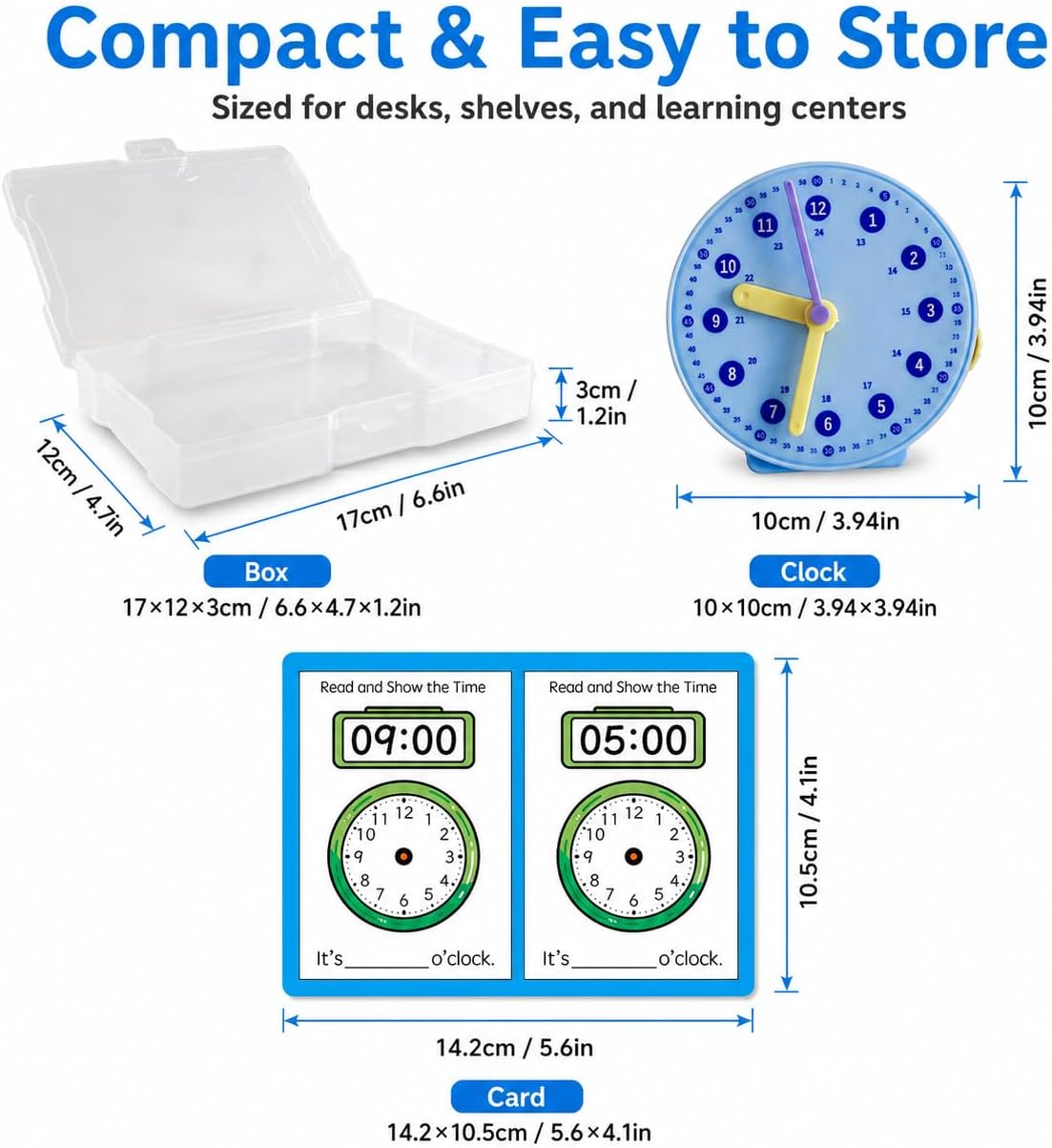 Telling Time Reading Clocks Task Boxes Set 5 Packs | Analog and Digital Clocks Learning Kit, 5 Interactive Teaching Clocks, 60 Erasable Exercises Cards, 5 Storage Boxes