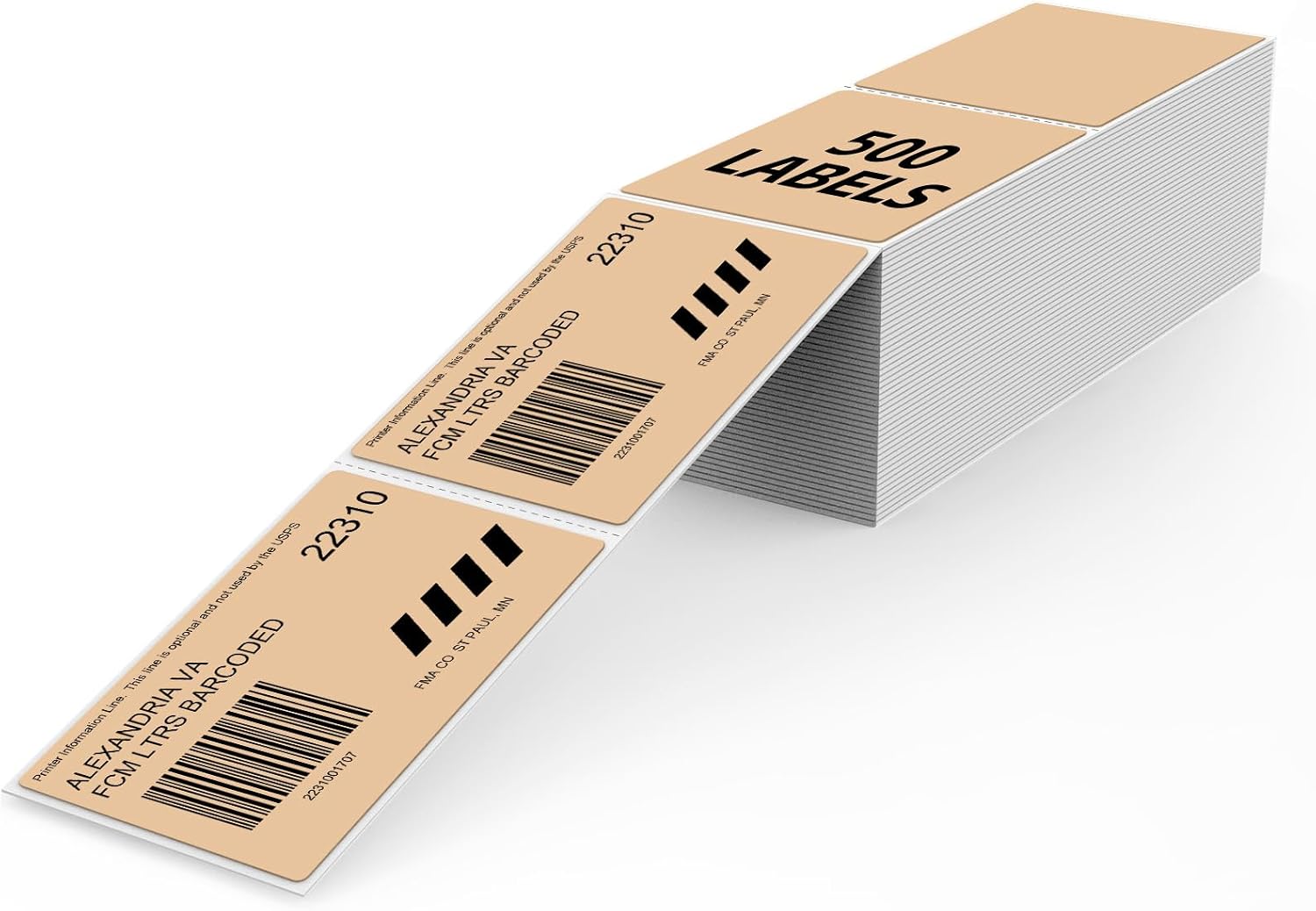 Khaki Thermal Labels 2 × 3 Inch Vinyl Self-Adhesive Fanfold Shipping Stickers Direct Waterproof Perforated Printer Decal for Businesses Warehouse Barcode 500 PCS