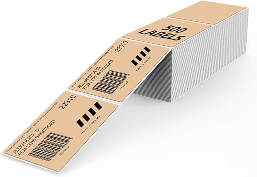 Khaki Thermal Labels 2 3 Inch Vinyl Self-Adhesive Fanfold Shipping Stickers Direct Waterproof Perforated Printer Decal for Businesses Warehouse Barcode 500 PCS