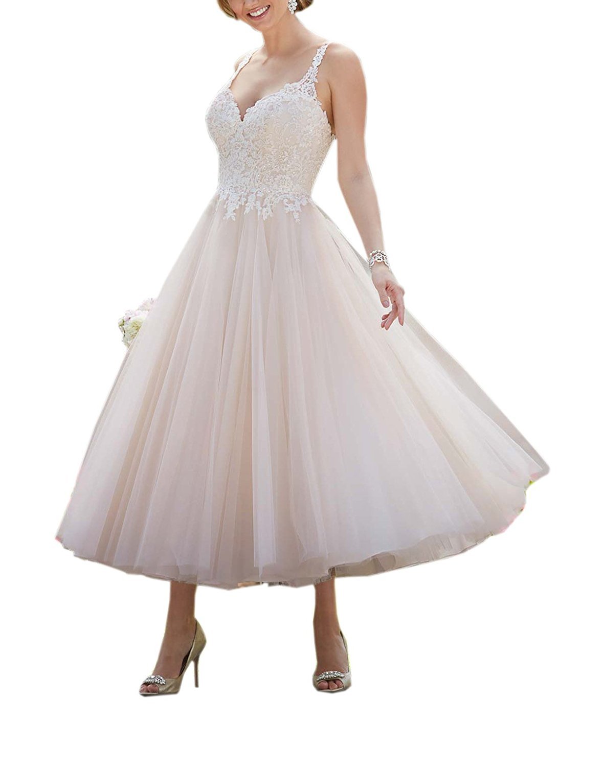 Lorder Queen Women's Spaghetti Straps Lace Wedding Dresses Tea Length Bridal Gowns