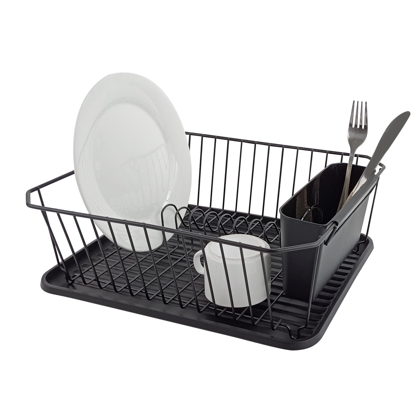 Escurreplatos negro para encimera de cocina con porta utensilios y bandeja recolectora de agua