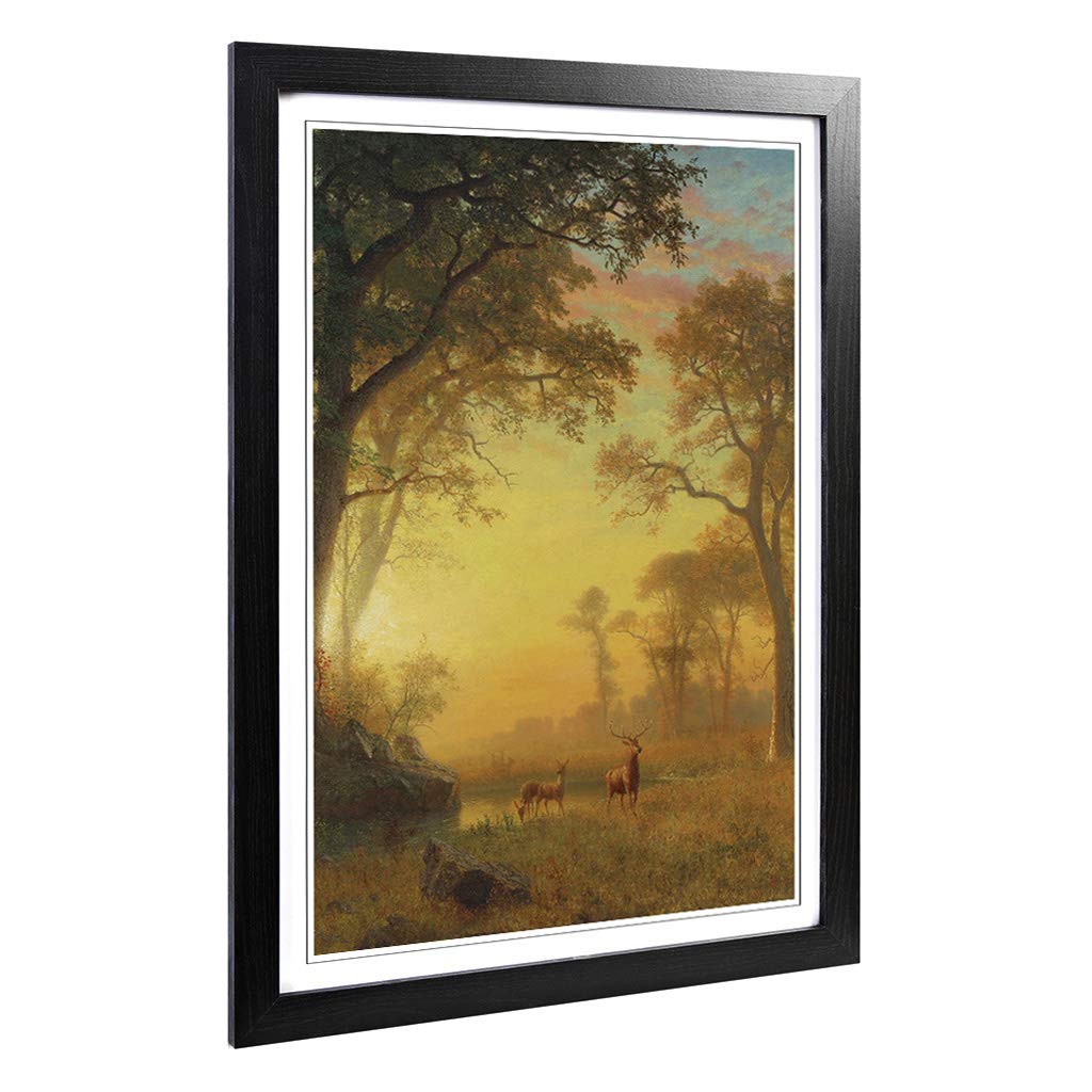 Big Box Art Framed Print of Albert Bierstadt Sunset River with Deer Design | Wall Art Picture | Home Decor for Kitchen, Living Room, Bedroom, Hallway, Black, A2 / 24.5x18 Inch / 62x45cm