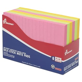 AbilityOne - NSN4181212 - Self-Stick Note Pads Neon - Lined - 4" x 6"