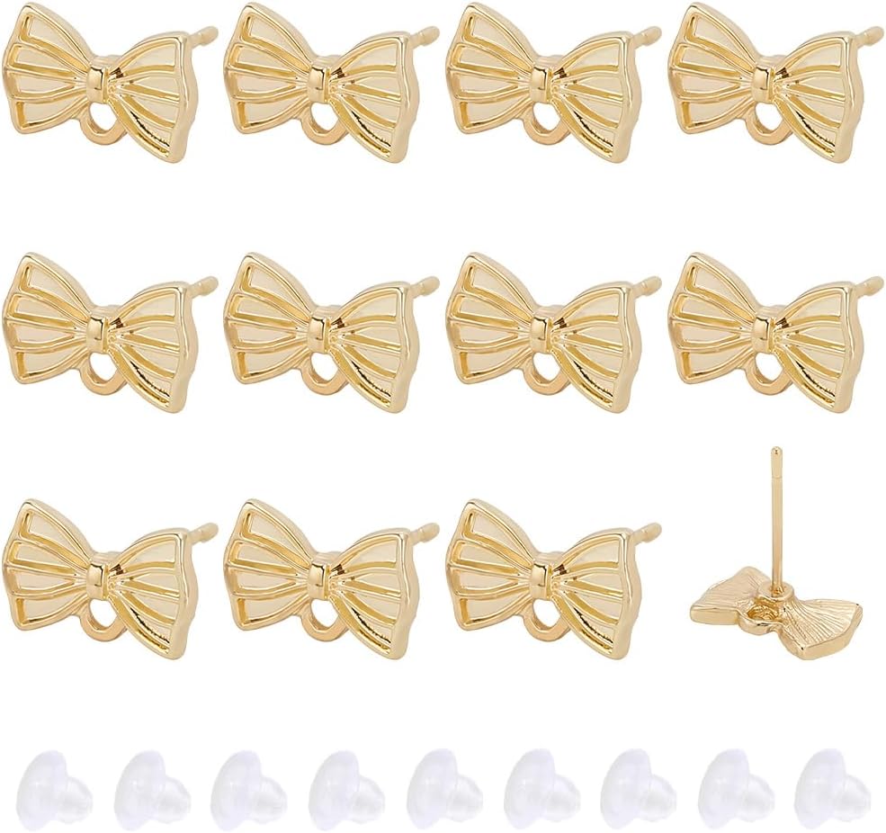Beebeecraft 1 Box 60pcs Bowknot Post Earring Findings Alloy Gold Bow Tie Earring Stud with Hole 304 Stainless Steel Steel Pin and 60Pcs Plastic Ear Nuts for Jewelry Making Accessories DIY Supplies