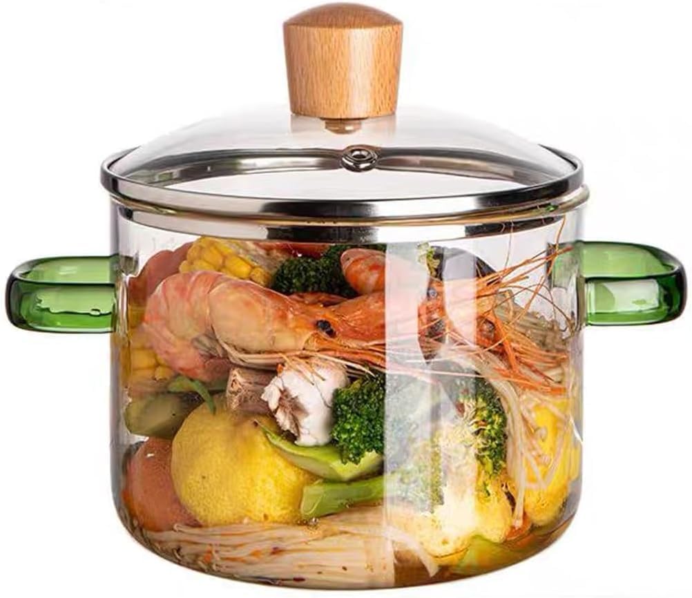 probiz 1.5L/51oz/6cups Glass Pot Glass Pots for Cooking Glass Cooking Pot Glass Simmer Pot for Stove Top Glass Simmer Pot Oven/Gas Safe (Green Handle Glass Pot)