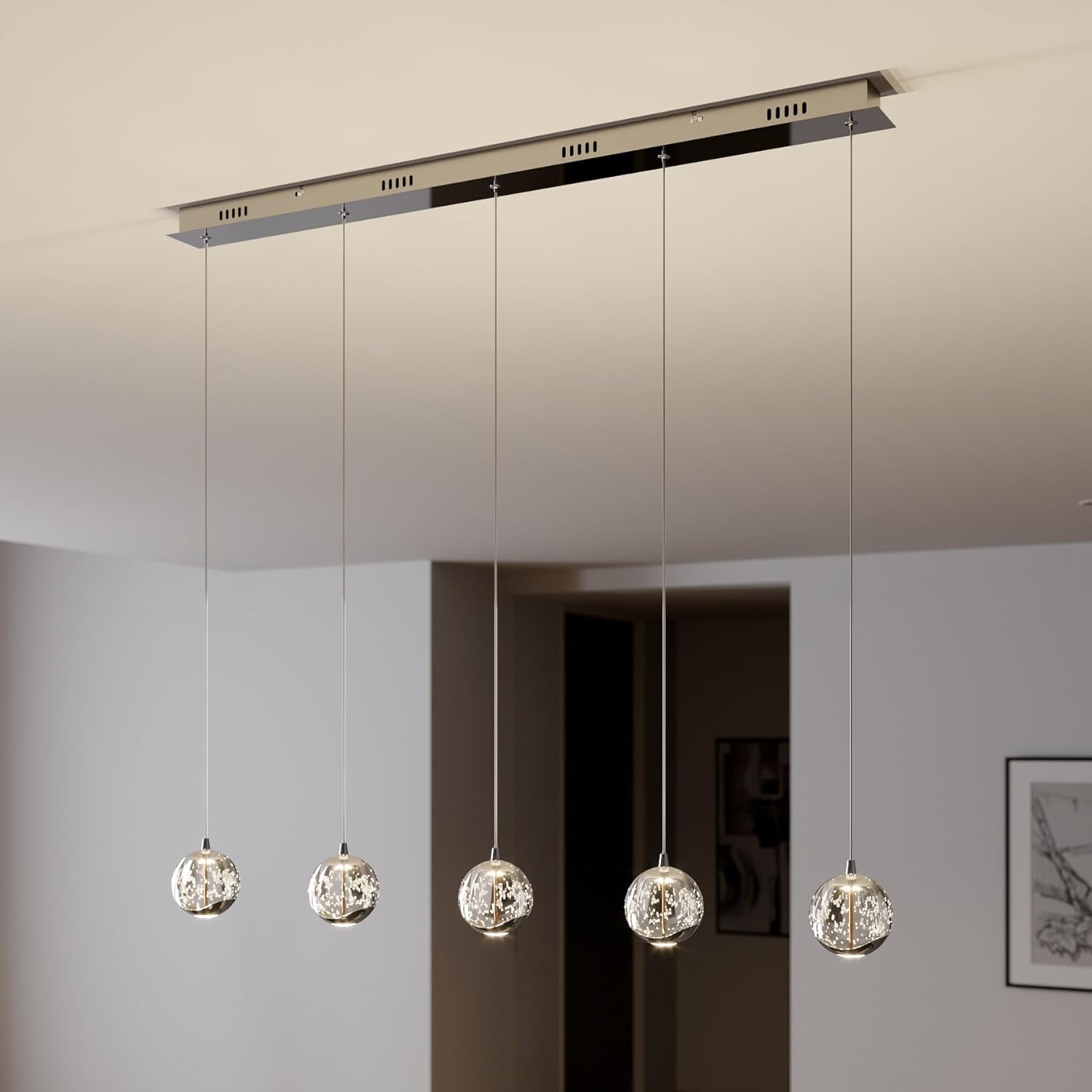 37.8" LED Linear Pendant Light Fixtures, 5-Light Chrome Linear Chandelier Bubble Glass Globes, LED 3000K Warm White, Modern Island Lights for Kitchen Living Room Ceiling Hanging, Hardwired