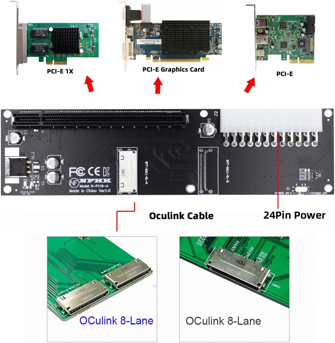 8X Oculink SFF-8612 8611 to PCIE PCI-Express 16x Adapter with ATX 24pin Power Port for Mainboard Graphics Card