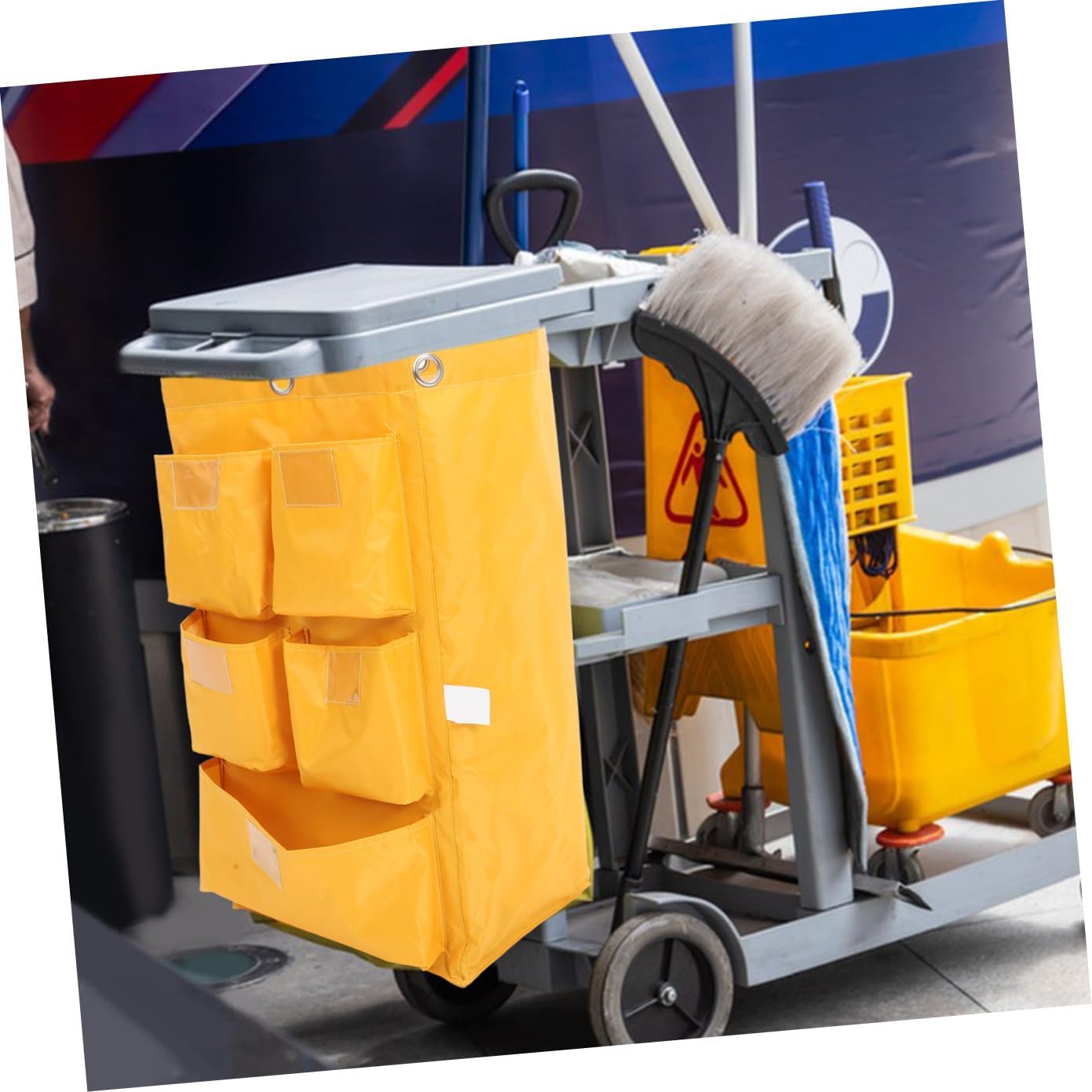 Cabilock Replacement Janitorial Bag Waterproof Canvas Cleaning Cart Storage Bag with 5 Pockets Yellow Cleaning Trolley for Commercial Housekeeping and Hotel Use