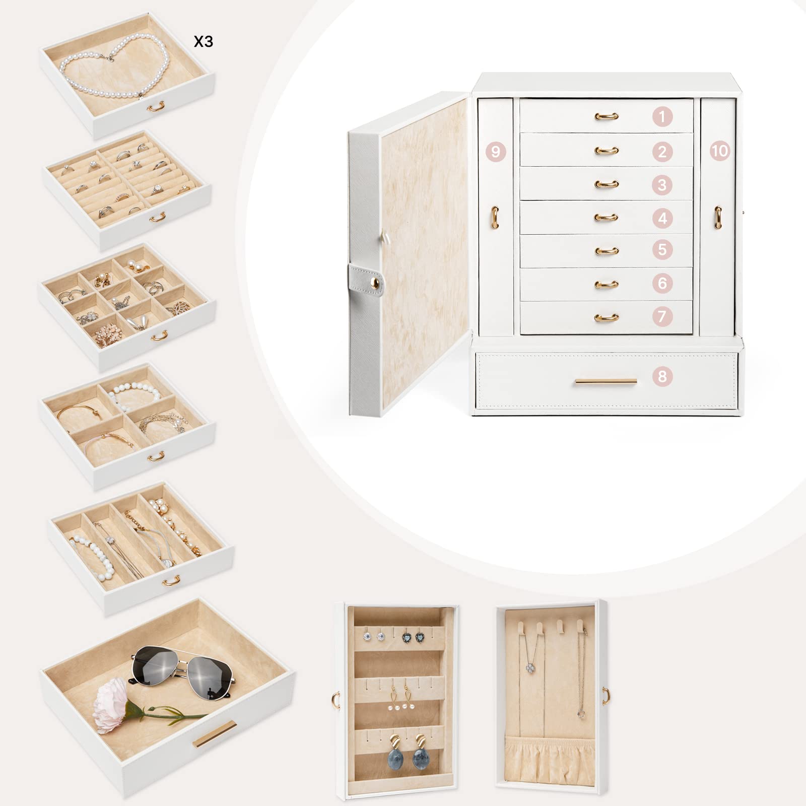 Meerveil Schmuckkasten, Schmuckkästchen mit 10 Ebenen, PU Leder, Große Kabinett Schmuckschatulle, Schmuckkasten mit Schubladen, Geschenk für Mädchen und Damen, Changhong-Glas, Weiß