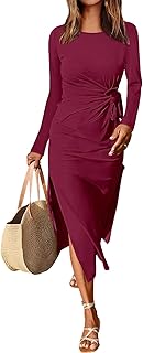 ANRABESS Womens 2025 Fall Long Sleeve Maxi Dress Crewneck Tie Waist Slit Casual Work Long T Shirt Dresses Trendy Outfits
