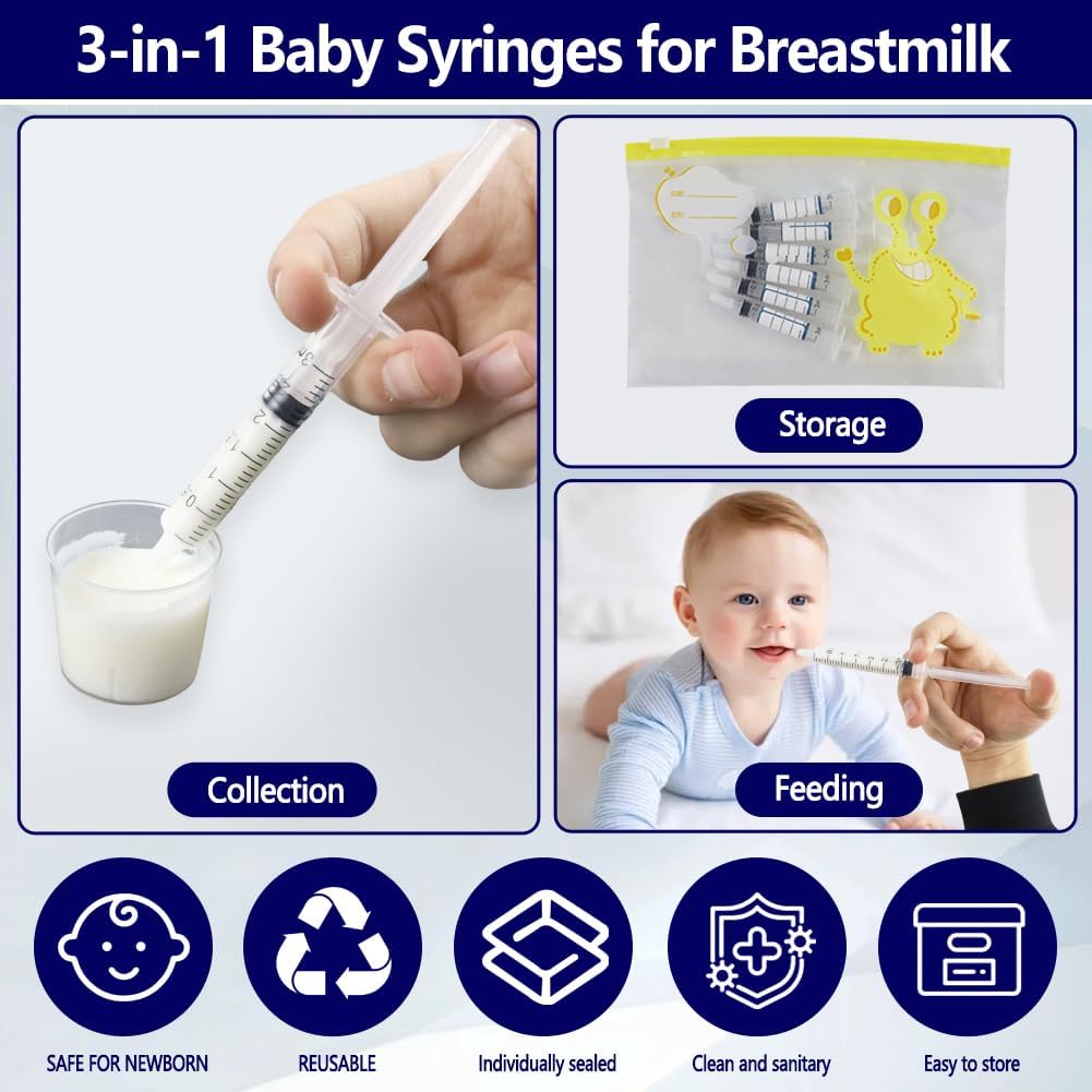100PCS Colostrum Collector, SEILETOO Syringes for Collecting Colostrum, Colostrum Collection Kit 50PCS 1mL and 50PCS 3mL Syringes with Cap, 4X Measuring Cup, 10X Storage Bags, 300 Labels