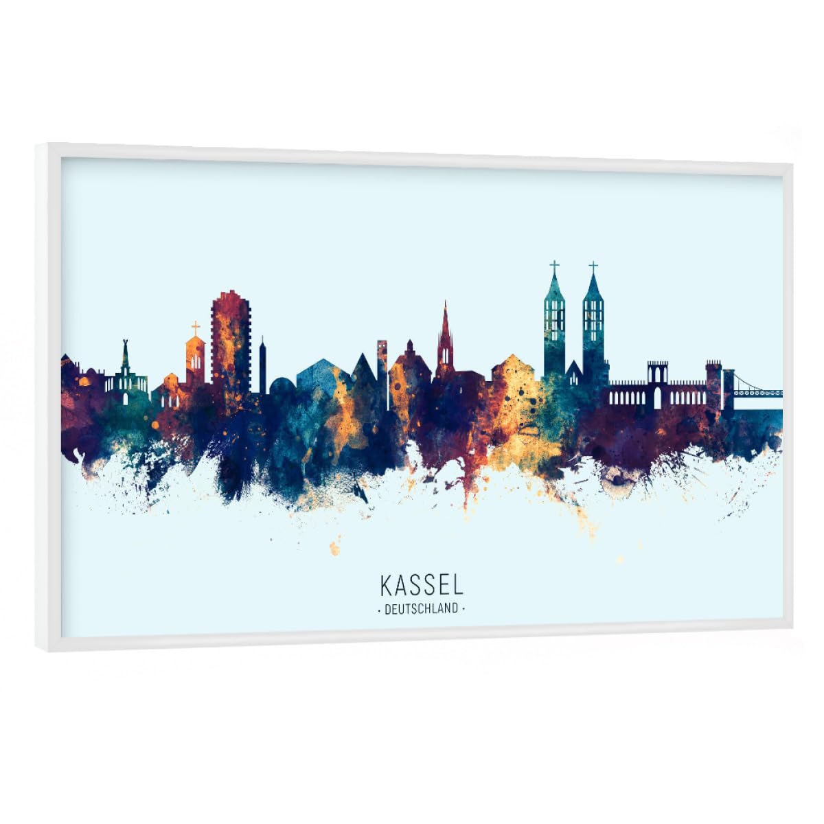 artboxONE Poster mit weißem Rahmen 75x50 cm Städte Kassel Germany Skyline BlueOrange - Bild Kassel Deutschland Flag