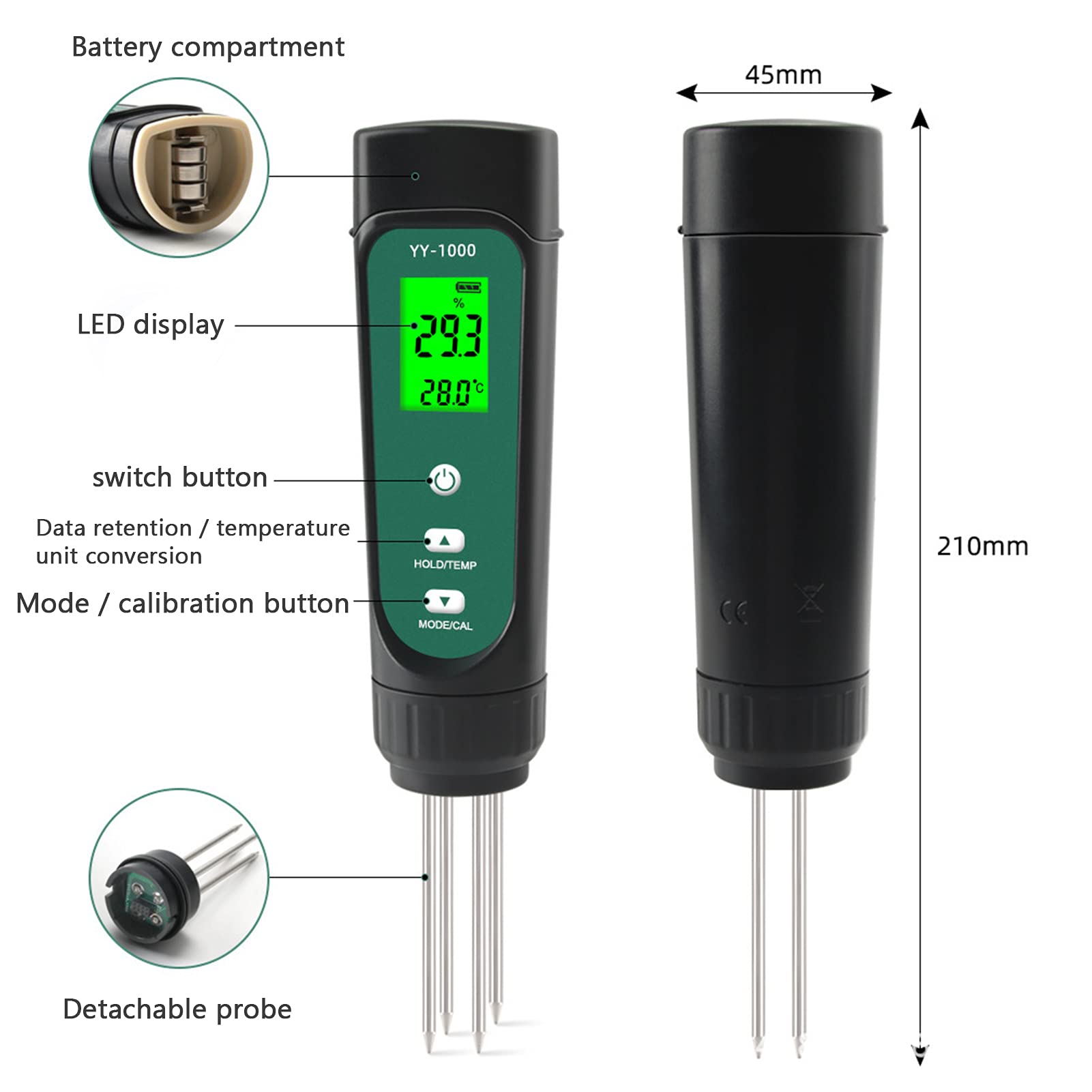Kavolet Tester di suolo digitale LED,tester di suolo tre in (test di conducibilità/temperatura/umidità CE), tester di terreno ideale per la cura delle piante, giardini, prati e fattorie