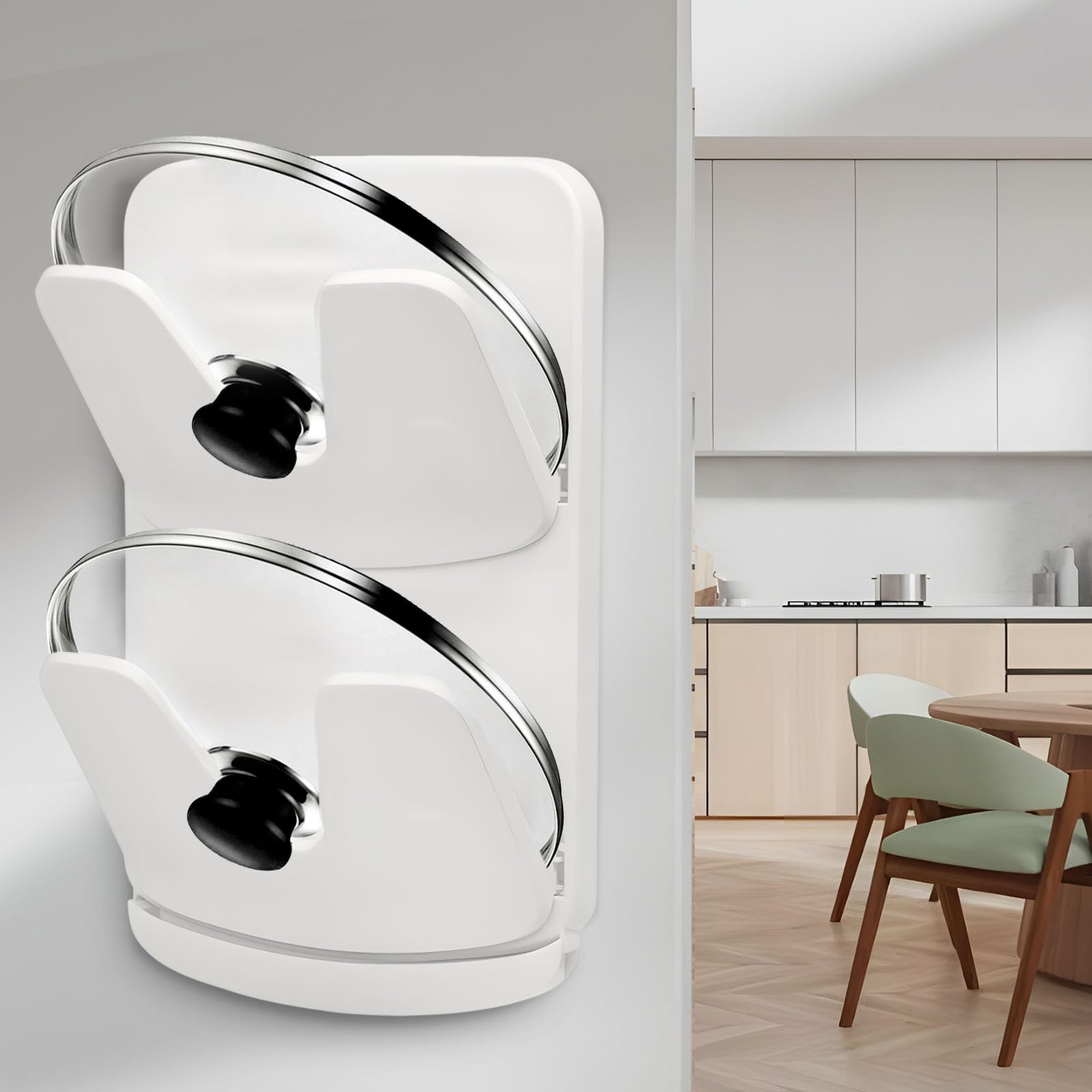 Joejis - Coperchio per pentola per armadio o parete, 2 in 1, autoadesivo, 3 m, senza forature o opzioni a vite, supporto per coperchio cucina a 5 posti, porta coperchio armadio, cromato