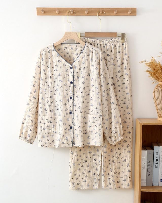 Womens Cotton Gauze Pajama Set Floral Print 2 Piece Pj Set Long Sleeve Fall Sleepwear Cute Pj Sets - Image 2