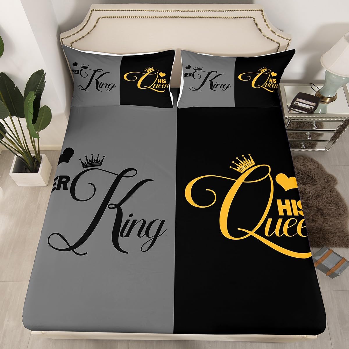 King and Queen Fitted Sheet Her King and His Queen Crown Sheets,Romantic Valentine's Day Bed Sheets Full 50th, Couple Gifts for Him and Her