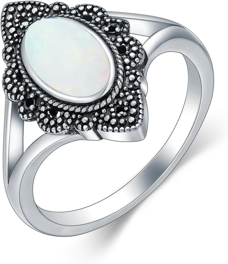 Vintage White Fire Opal Filigree/Leaf/Boho Ring Real 925 Sterling Silver Retro Created Opal Ring Jewelry Gift for Women Size 4-12
