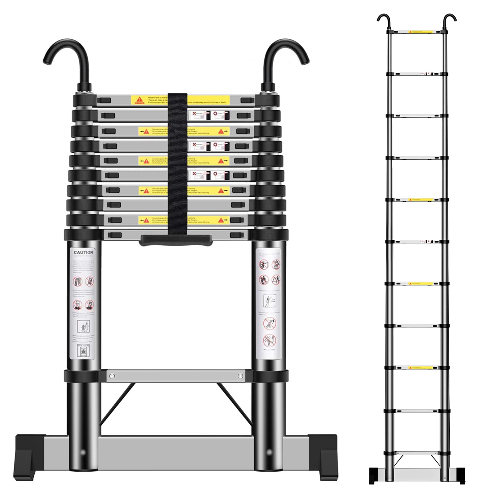 Telescopic Ladder 3.2m, Stainless Steel Extendable Ladder with Hooks and stabiliser, Height Adjustment, Convenience for Home, Attic Access, etc.
