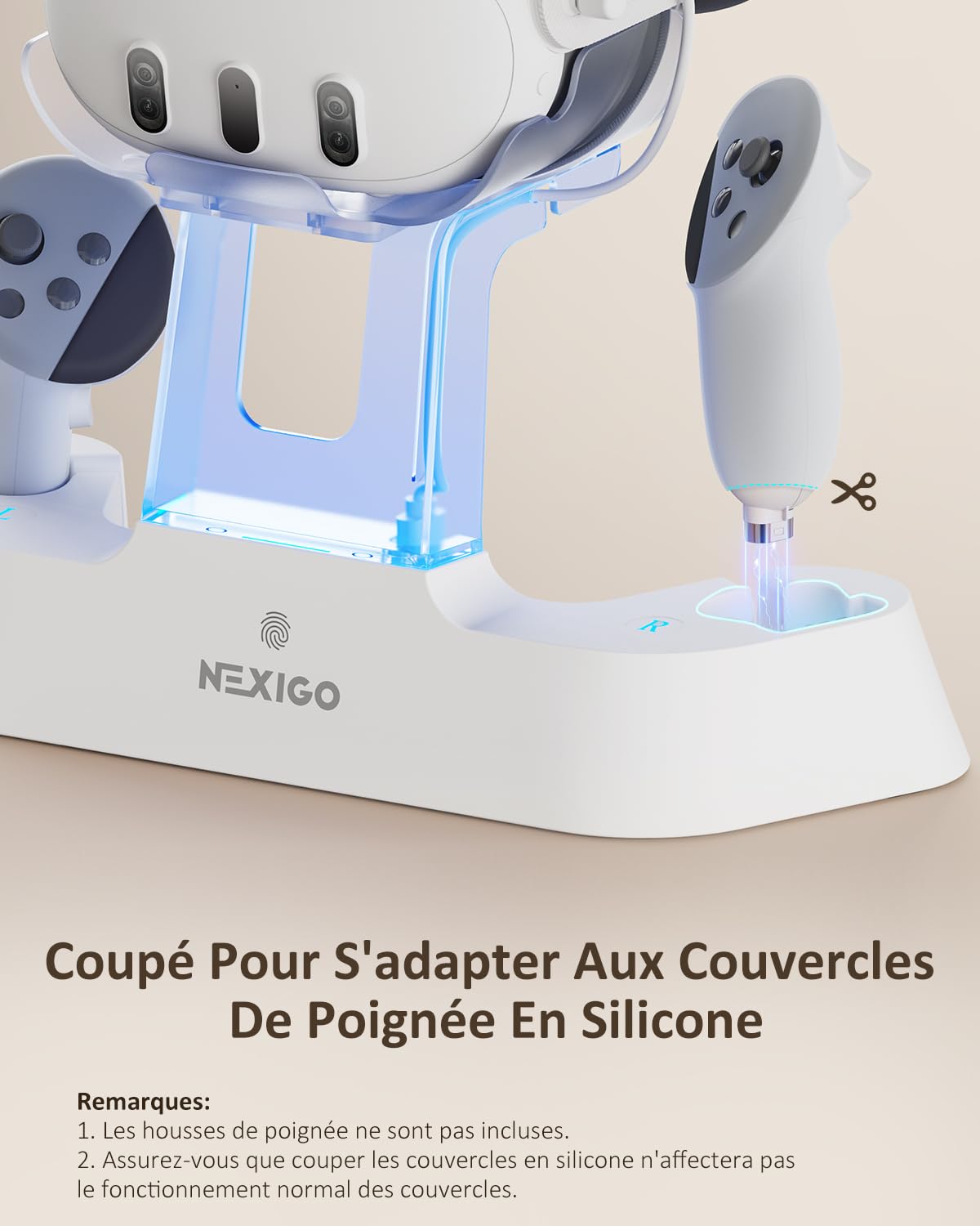 NexiGo Dock de Charge Amélioré avec Lumière LED [on/Off] pour Oculus Quest 3, Support d'Élite avec Batterie, Support de Casque et Manette, Batteries Rechargeables, Blanc