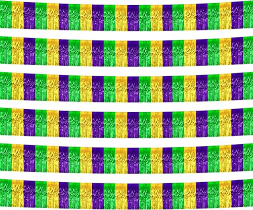 Image of 6 Pack 10 Feet Mardi Gras Foil Fringe Garland Metallic Tinsel Streamers Banner Wall Hanging Backdrop Banner for Parade Floats, Valentine's Day, Wedding, Birthday Party Decorations Gold Green Purple