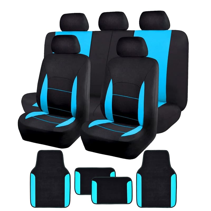 Kit de Capas para Bancos Automotivos Flying Banner em Poliéster com Tapetes, Banco Traseiro Rebatível e 9 Peças, Preto e Azul-Menta