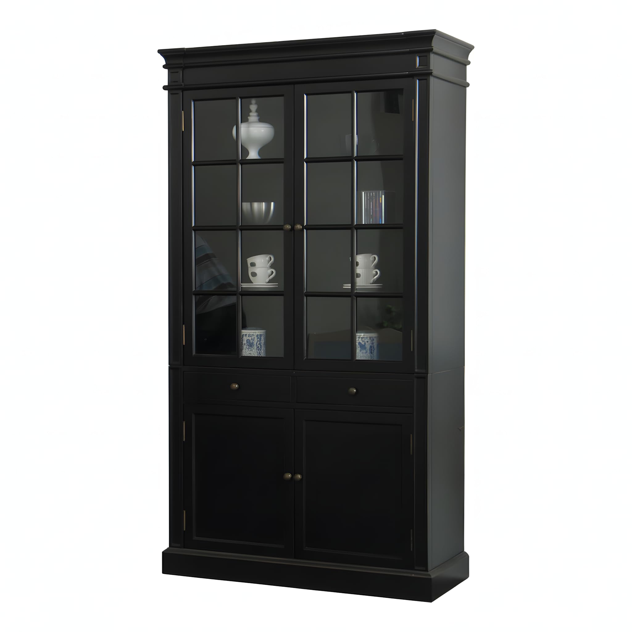 Amaretta, Vitrinenschrank, Massivholz, schwarz lackiert, antik patiniert, 2 Türen, 2 Schubladen, 1 Einlegeböden, Glasfront, Metallgriffe, B 110 x H 200 x T 45 cm, Gewicht 114,5 kg