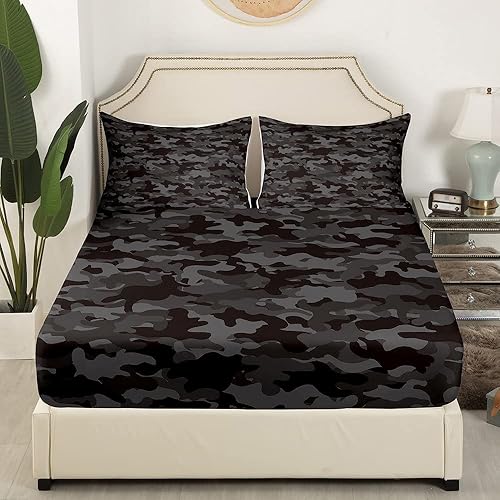Miniatura 3 de Juego de ropa de cama de camuflaje militar, sábanas de camuflaje negro para niños, adolescentes, adultos, hombres, sábana bajera de camuflaje