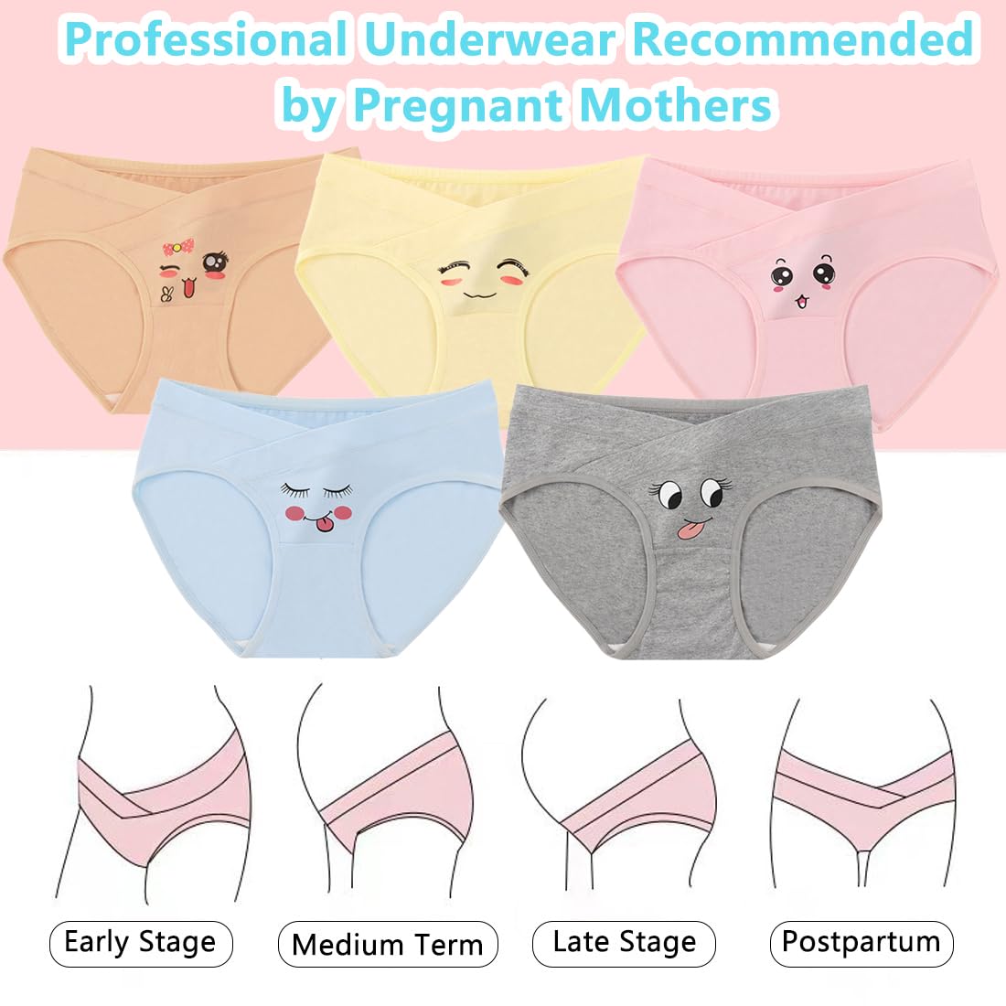 sous-Vêtements de Maternité pour Femmes Taille Basse en Forme de V Bikini Culotte de Grossesse en Coton Imprimé Sourire Culotte Extensible Respirante - Paquet de 5